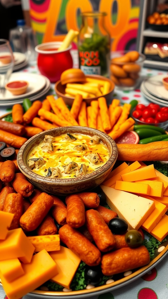 A colorful platter of 70s party appetizers featuring artichoke dip, cocktail sausage bites, cheese, and olives.